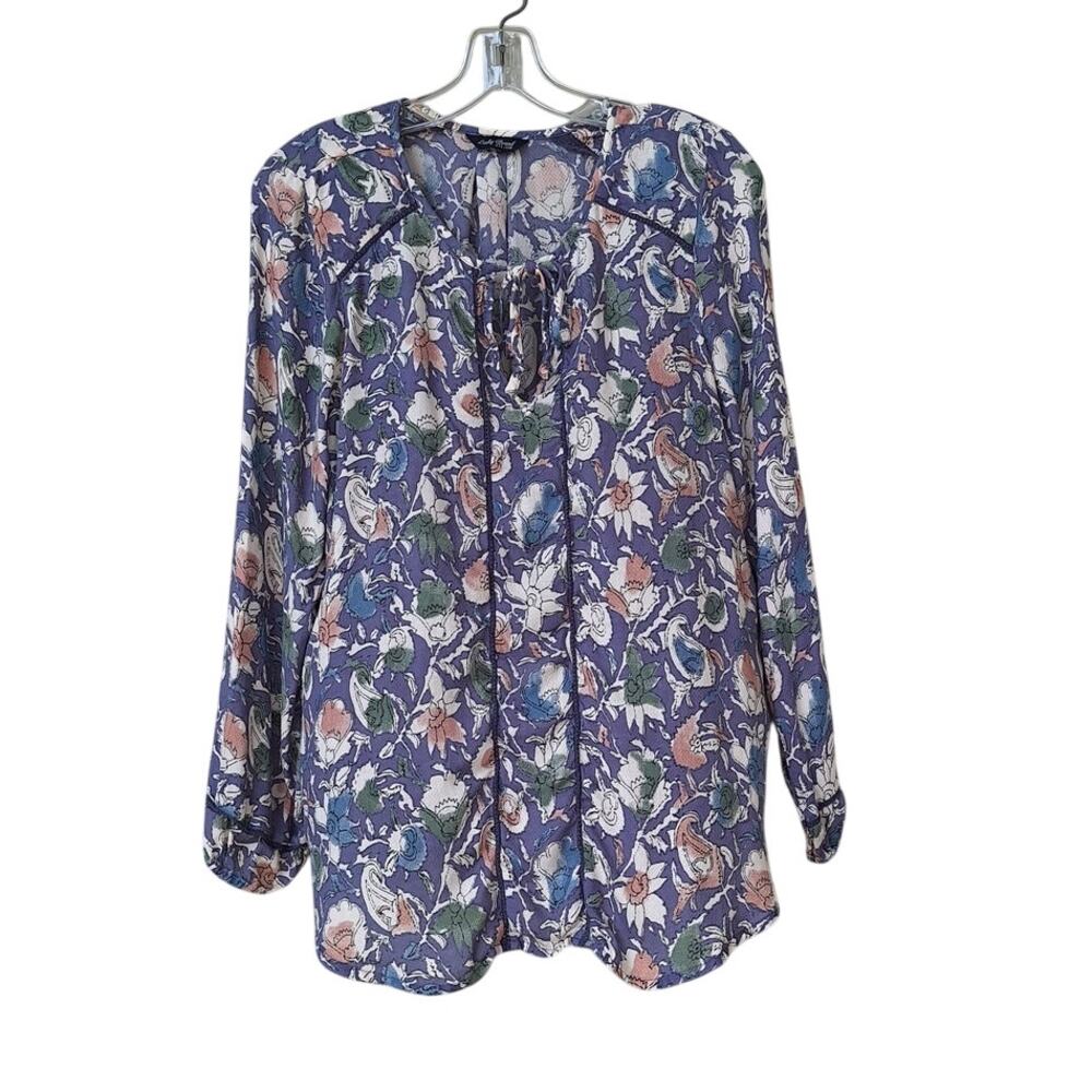 Lucky Brand Women's Bohemian Long Sleeves Lightweight Blouse Tunic Top Blue M